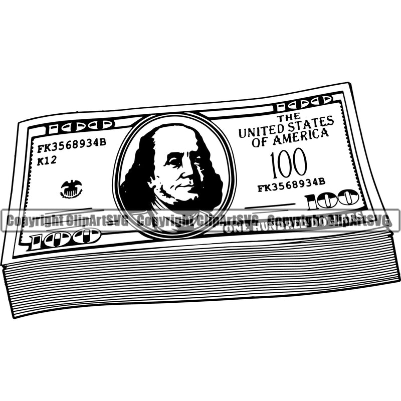 Money Stack Cash Knot Roll Brick Spread 100 Dollar Bill Currency Bundle Rubberband Color Design Rich Wealthy Wealth Advertising Advertise Marketing Clipart SVG