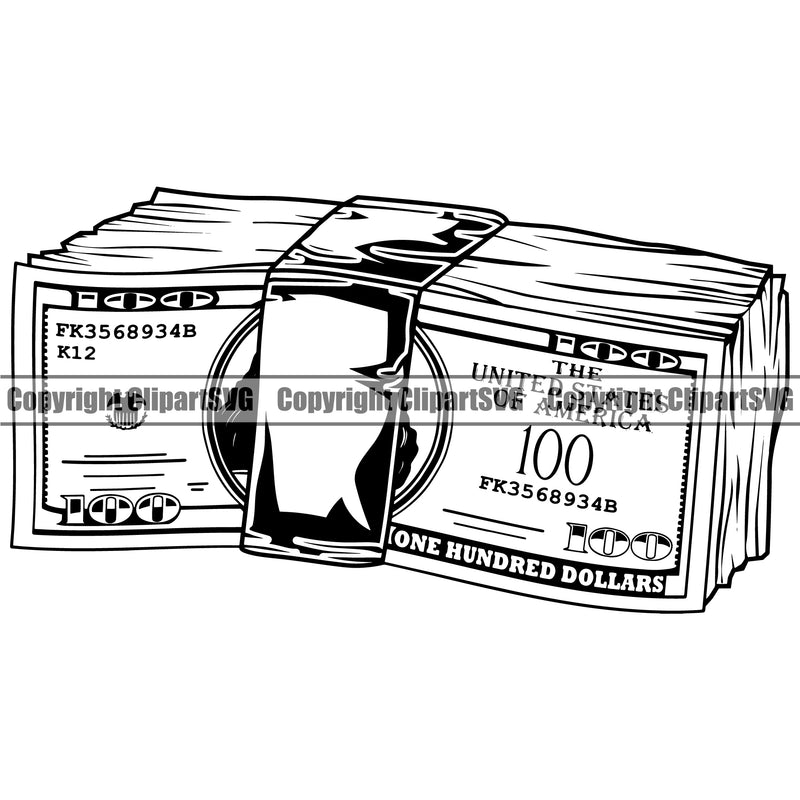 Money Stack Spread 100 Dollar Bill Currency Cash Knot Rudder Band Bundle Business Bank Finance Rich Wealthy Wealth Advertising Vector Clipart SVG