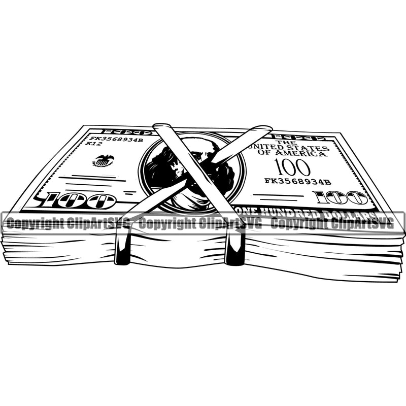 Money Stack Cash Knot Bundle Spread 100 Dollar Bill Currency Rubber Band Design Element Bank Finance Rich Wealthy Wealth Advertising Advertise Clipart SVG