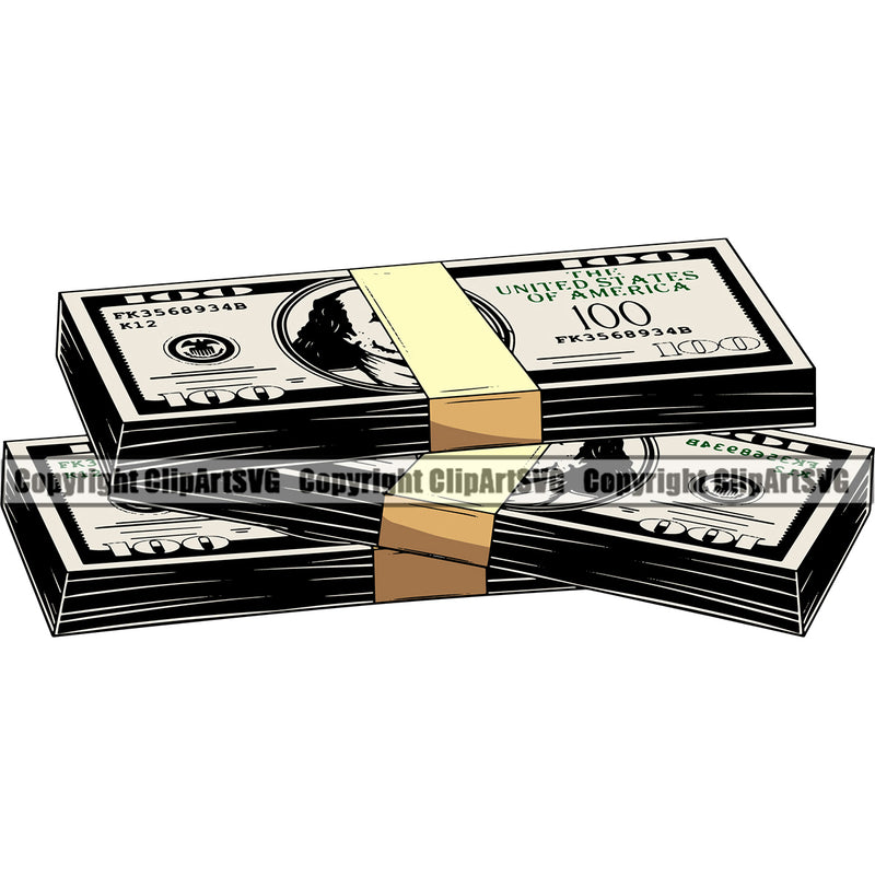 Money Stack Color Design Element Cash Knot Roll Rubberband Bundle Brick Spread 100 Dollar Bill Currency Business Bank Finance Rich Wealthy Wealth Advertising Advertise Vector Clipart SVG