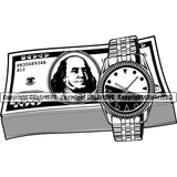 Money With An Watch Design Element Stack Knot Roll Rubberband Bundle Brick Spread 100 Dollar Bill Currency Rich Wealthy Wealth Advertising Advertise Clipart SVG