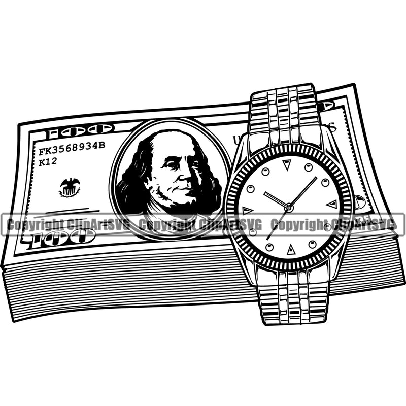 Money With An Watch Design Element Cash Stack Knot Roll Rubberband Bundle Brick Spread 100 Dollar Bill Currency Vector  Wealthy Wealth Advertising Advertise Clipart SVG