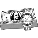 Money With An Watch Design Element Cash Stack Knot Roll Rubberband Bundle Brick Spread 100 Dollar Bill Currency Vector  Wealthy Wealth Advertising Advertise Clipart SVG