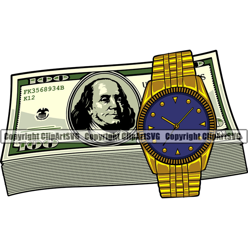 Money With An Watch Color Design Element Cash Stack Knot Roll Rubberband Bundle Brick Spread Business Bank Finance Rich Wealthy Wealth Advertising Clipart SVG