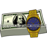 Money With An Watch Color Design Element Cash Stack Knot Roll Rubberband Bundle Brick Spread Business Bank Finance Rich Wealthy Wealth Advertising Clipart SVG