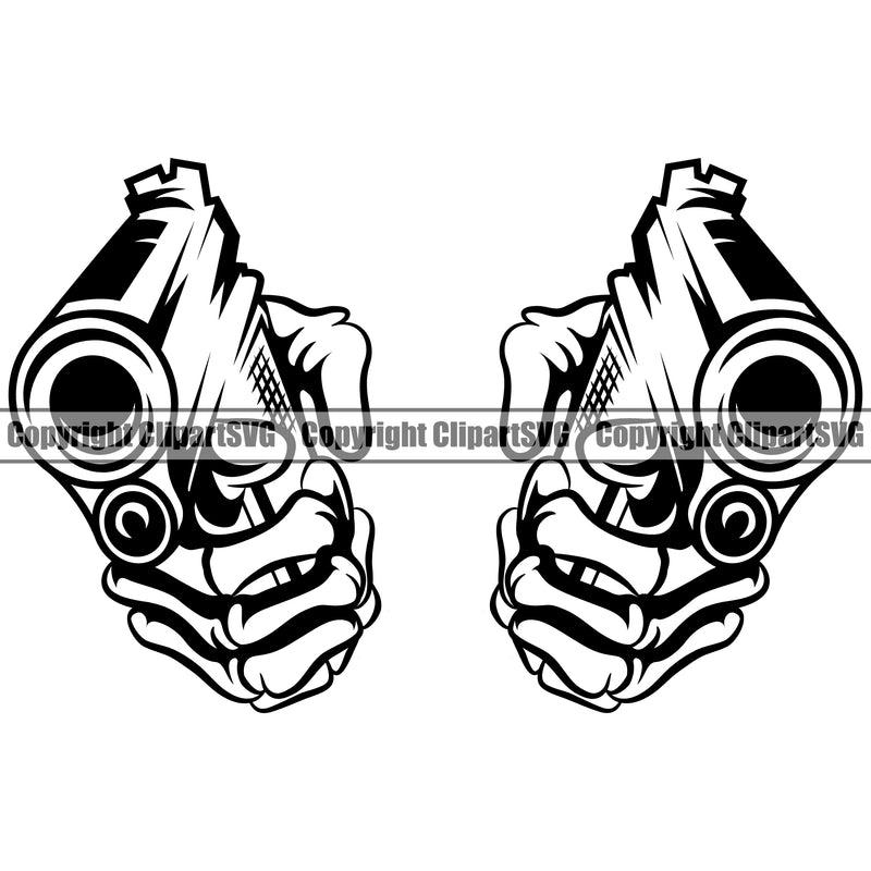 Hand Skull Skeleton Pistol Design Element Fist Finger Gesture Position Holding Grab Grabbing Object Character Mascot Create Art Artwork Creator Business Company Logo Clipart SVG