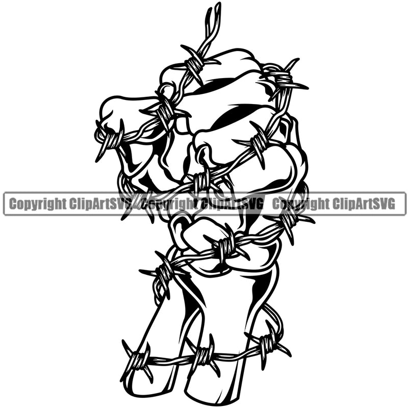 Hand Skull Skeleton Design Element Barbed Wire Fist Finger Gesture Hold Grab Grabbing Object Cartoon Mascot Create Art Artwork Creator Business Company Logo Clipart SVG
