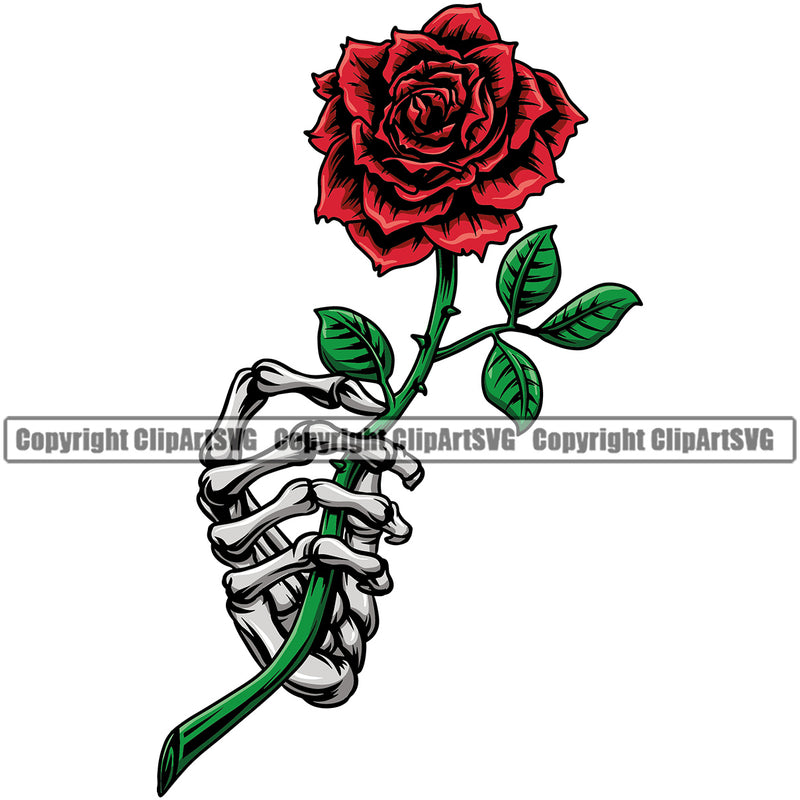 Hand Skull Skeleton Rose Design Element Color Finger Gesture Hold Holding Grab Object Cartoon Character Mascot Creation Art Artwork Creator Business Company Logo Clipart SVG