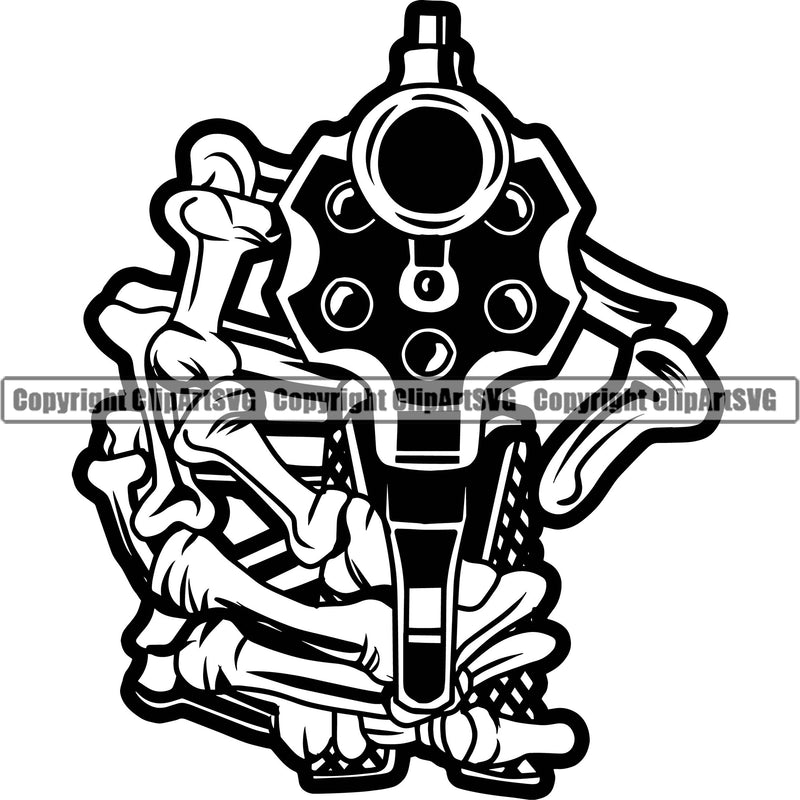 Hand Skull Skeleton Gun Design Element Fist Gesture Position Hold Grabbing Object Character Mascot Creation Create Art Artwork Creator Business Company Logo Clipart SVG