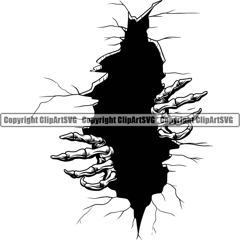 Hand Breaking Through Cracked Wall Design Element Skull Skeleton Fist Finger Gesture Position Hold Holding Grab Grabbing Object Cartoon Character Mascot Creation Create Art Artwork Creator Business Company Logo Clipart SVG