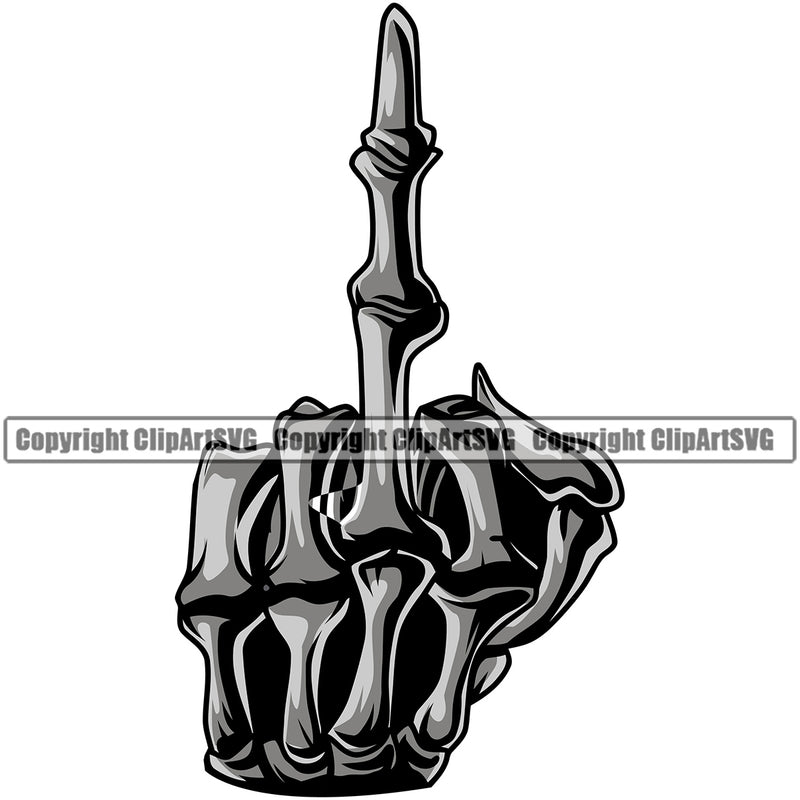 Hand Middle Finger Hand Sign Design Silver Color Skull Skeleton Element Gesture Position Hold Holding Grab Grabbing Object Cartoon Character Mascot Creation Create Art Artwork Creator Business Company Logo Clipart SVG