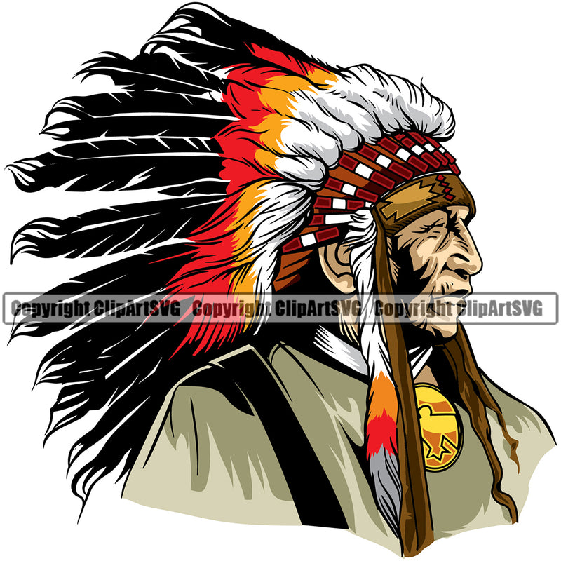 Native American Indian Culture Art Ethnic History Tribal Headdress Color Body Hat And Cloth Design Element White Background Tribe Warrior Chief Design Logo Clipart SVG