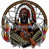 Native American Indian Culture Art Ethnic History Tribal Headdress Hand Holding Gun Color Body Circle Design Element White Background Tribe Warrior Chief Design Logo Clipart SVG