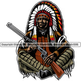 Native American Indian Culture Art Ethnic History Tribal Headdress Color Body Hand Holding Gun Design Element White Background Tribe Warrior Chief Design Logo Clipart SVG