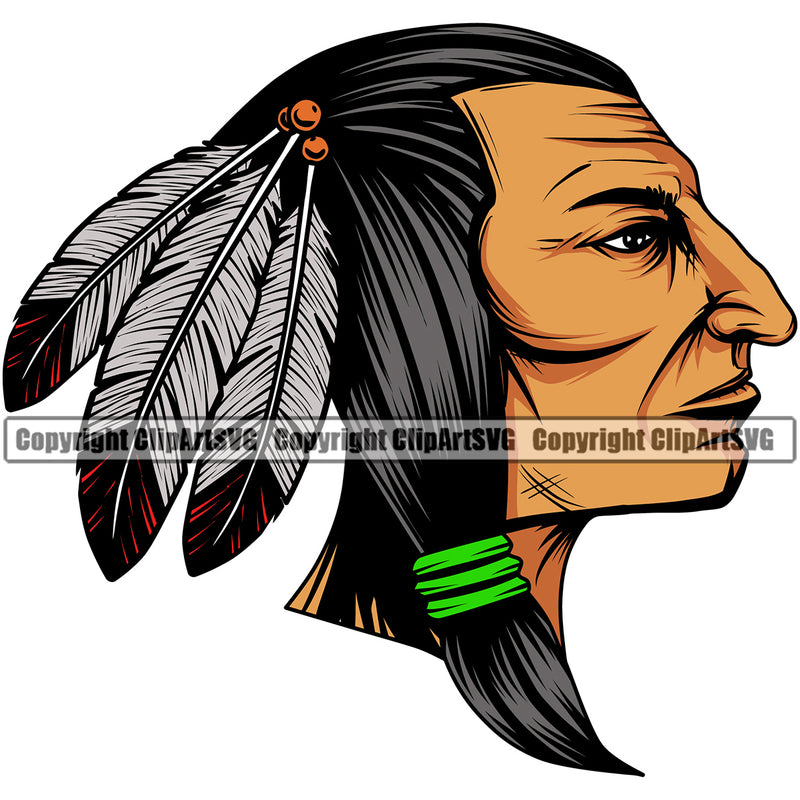 Native American Indian Culture Art Ethnic History Tribal Woman Color Face Design Element Headdress White Background Tribe Warrior Chief Design Logo Clipart SVG