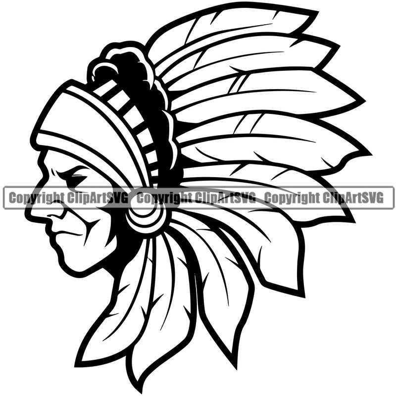 Native American Indian Culture Art Ethnic History Tribal Headdress Head Vector Design Element White Background Tribe Warrior Chief Design Logo Clipart SVG