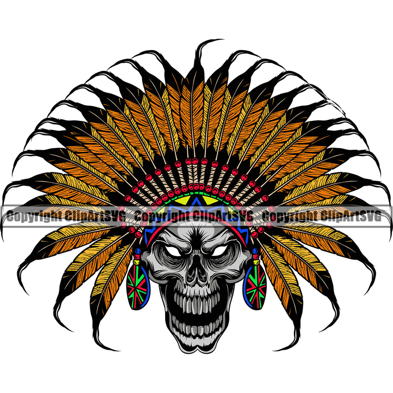 Native American Indian Culture Art Ethnic History Tribal Headdress Indian Headdress Skull Head Silver Color Design Element White Background Tribe Warrior Chief Design Logo Clipart SVG