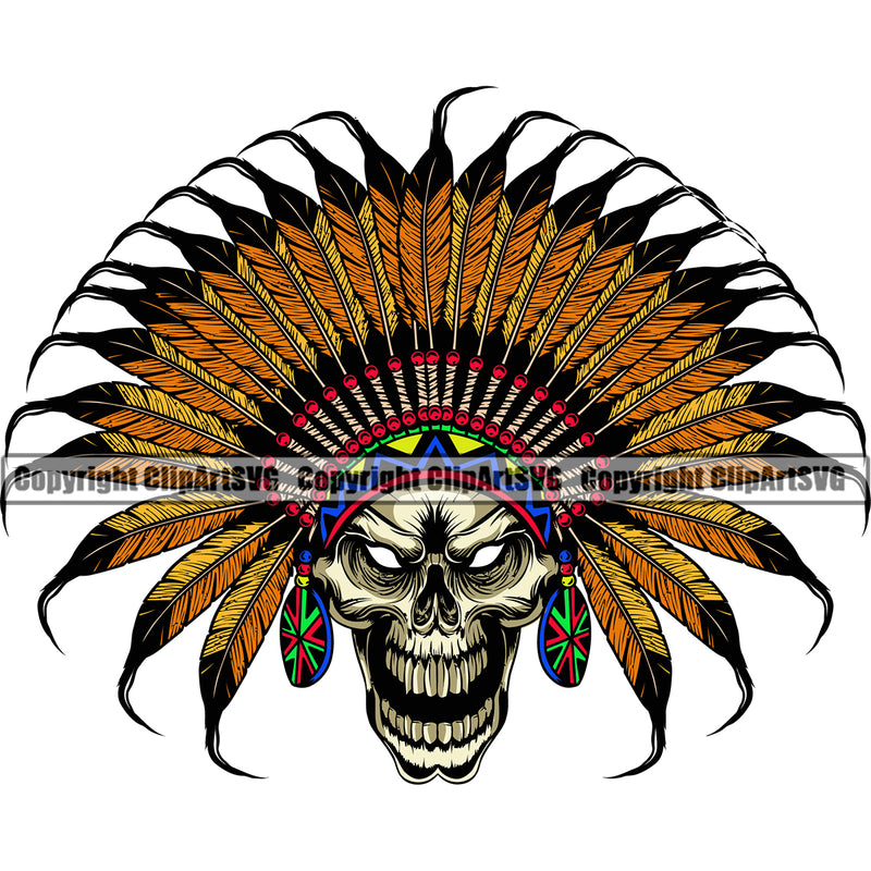 Native American Indian Culture Art Ethnic History Tribal Headdress Indian Yellow Color Skull Face Design Element White Background Tribe Warrior Chief Design Logo Clipart SVG
