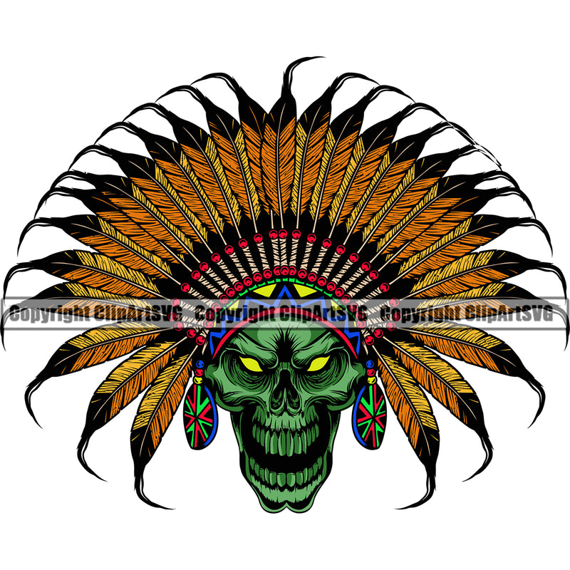 Native American Indian Culture Art Ethnic History Tribal Headdress Indian Green Color Skull Face Design Element White Background Tribe Warrior Chief Design Logo Clipart SVG