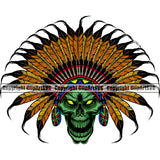 Native American Indian Culture Art Ethnic History Tribal Headdress Indian Green Color Skull Face Design Element White Background Tribe Warrior Chief Design Logo Clipart SVG