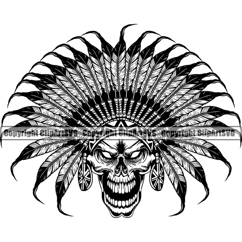 Native American Indian Culture Art Ethnic History Tribal Indian Headdress Skull Skeleton Face White Background Tribe Warrior Chief Design Logo Clipart SVG