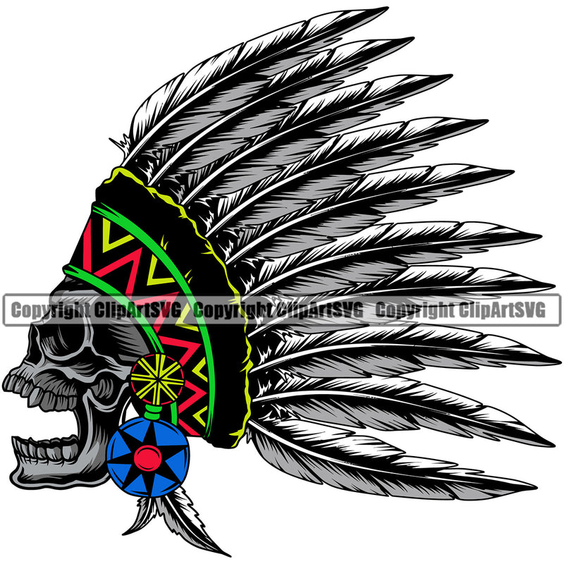 Native American Indian Culture Art Ethnic History Tribal Headdress Indian Skull Skeleton Face And Color Father Design Element White Background Tribe Warrior Chief Design Logo Clipart SVG