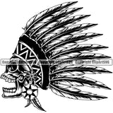 Native American Indian Culture Art Ethnic History Tribal Headdress Indian Skull Skeleton Face Design Element White Background Tribe Warrior Chief Design Logo Clipart SVG