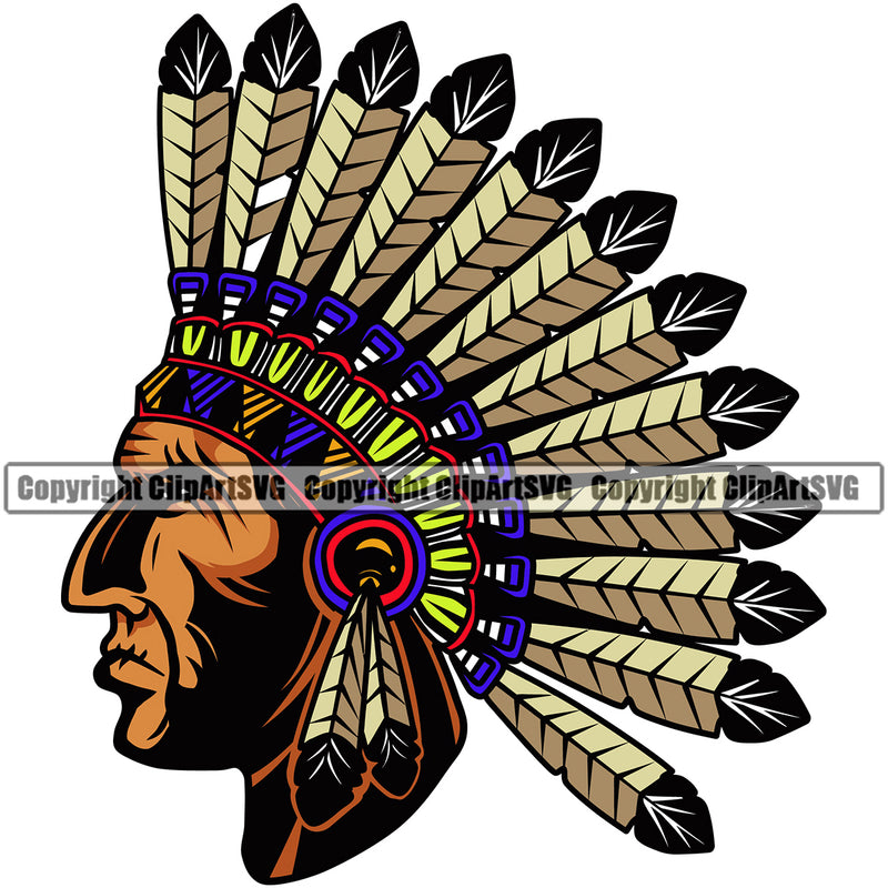 Native American Indian Culture Art Ethnic History Tribal Headdress Indian Face Color Father Design Element White Background Tribe Warrior Chief Design Logo Clipart SVG