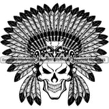 Native American Indian Skull Skeleton Face Head Design Element Culture Art Ethnic History Tribal Headdress White Background Tribe Warrior Chief Design Logo Clipart SVG