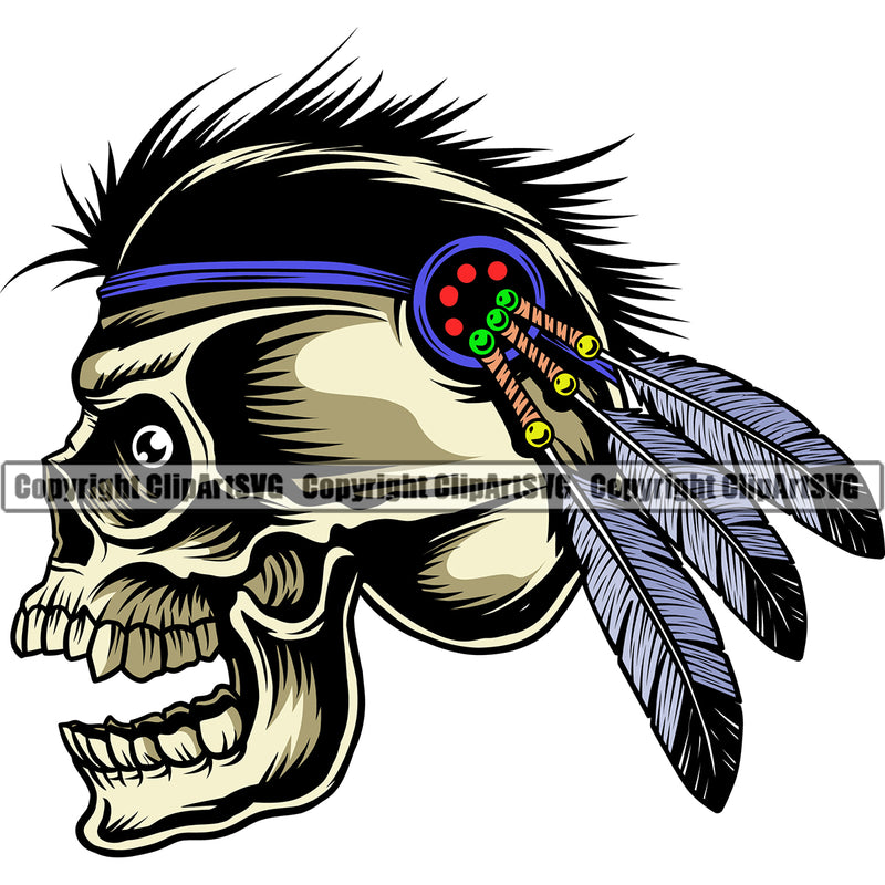 Native American Indian Culture Art Ethnic History Tribal Headdress Skull Skeleton Yellow Color Father And Hair Design Element White Background Tribe Warrior Chief Design Logo Clipart SVG