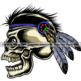 Native American Indian Culture Art Ethnic History Tribal Headdress Skull Skeleton Yellow Color Father And Hair Design Element White Background Tribe Warrior Chief Design Logo Clipart SVG