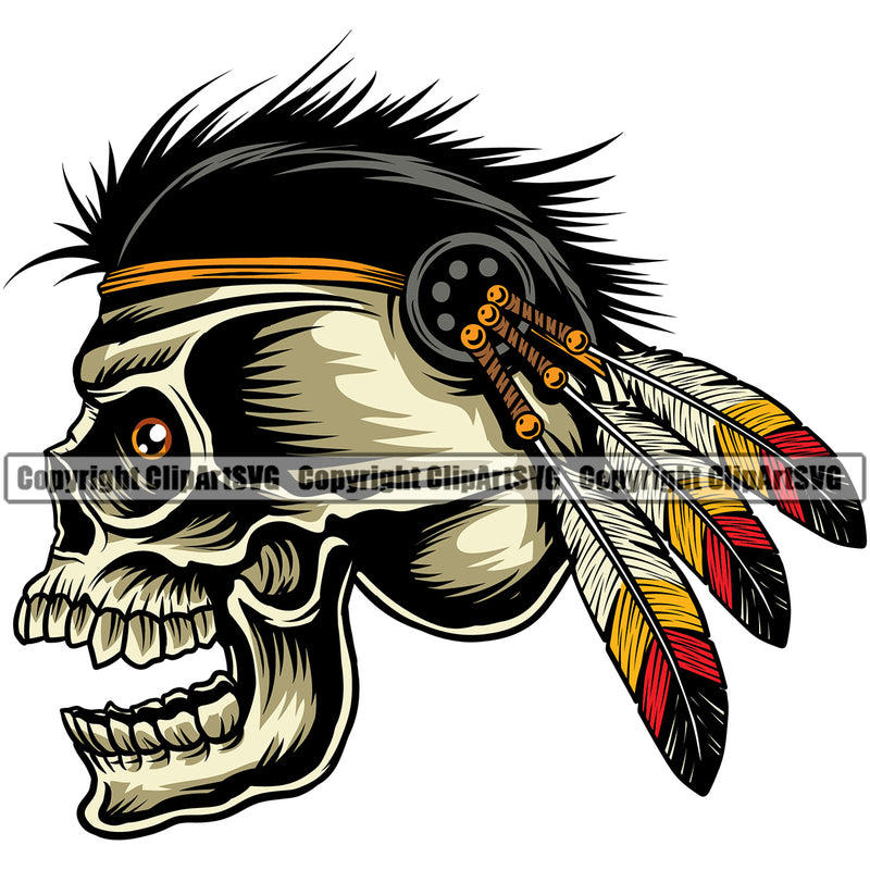 Native American Indian Culture Art Ethnic History Tribal Headdress Skull Skeleton Yellow Color Hair Head Design Element White Background Tribe Warrior Chief Design Logo Clipart SVG