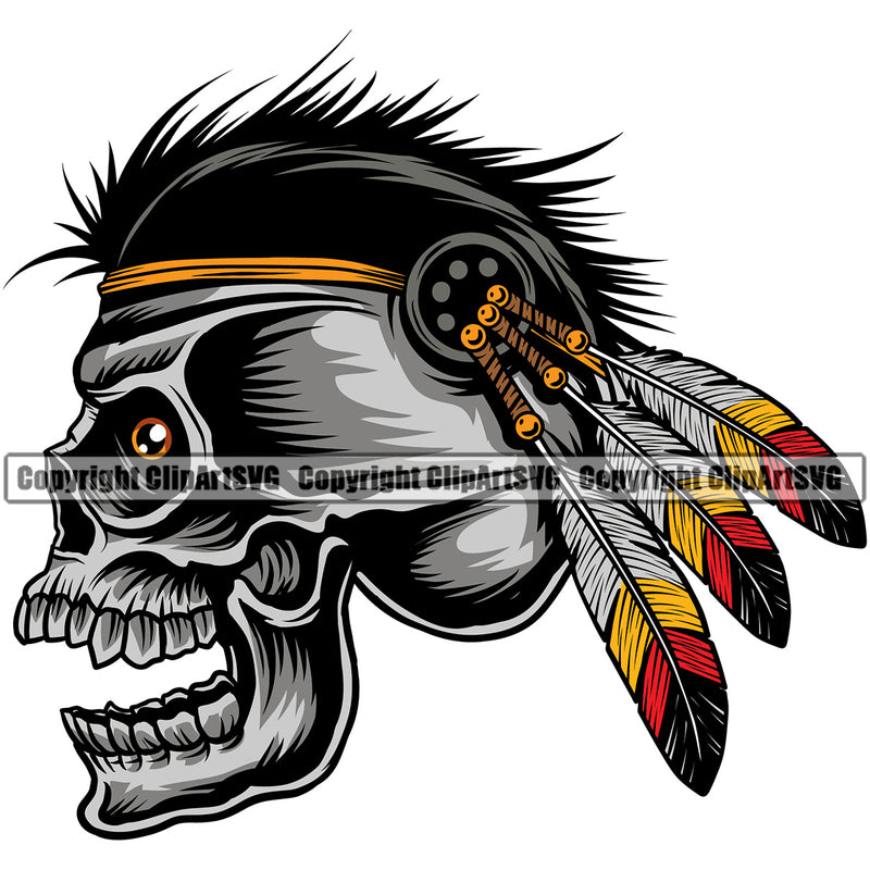 Native American Indian Culture Art Ethnic History Tribal Skull Head Feather Color Design Element Headdress White Background Tribe Warrior Chief Design Logo Clipart SVG