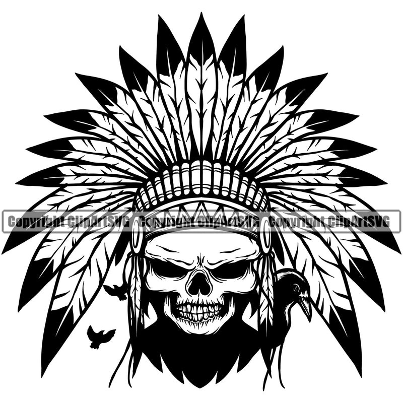 Native American Indian Culture Art Ethnic History Tribal Headdress Skull Skeleton Color Silver Head Design Element White Background Tribe Warrior Chief Design Logo Clipart SVG