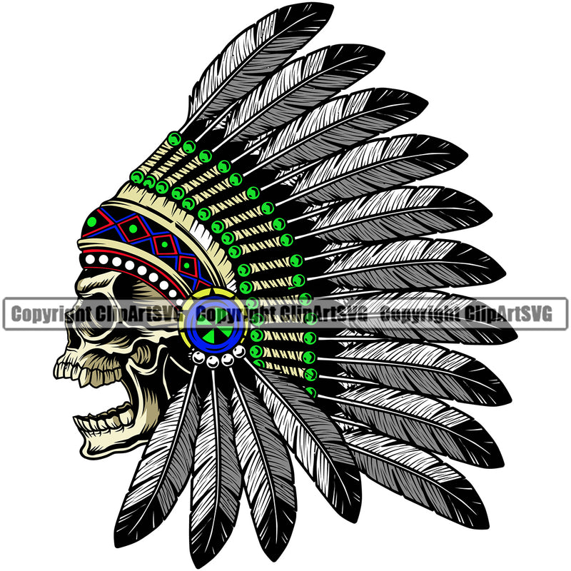 Native American Indian Culture Art Ethnic History Tribal Skull Skeleton Yellow Color Head Feather Design Element Headdress White Background Tribe Warrior Chief Design Logo Clipart SVG