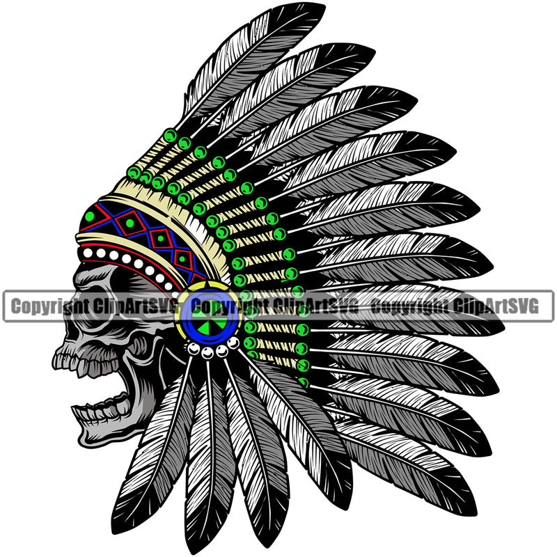 Native American Indian Culture Art Ethnic History Tribal Headdress Skull Skeleton Green Color Design Element Feather White Background Tribe Warrior Chief Design Logo Clipart SVG