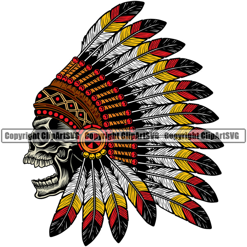 Native American Indian Culture Art Ethnic History Tribal Headdress Skull Skeleton Red Color Feather Design Element White Background Tribe Warrior Chief Logo Clipart SVG
