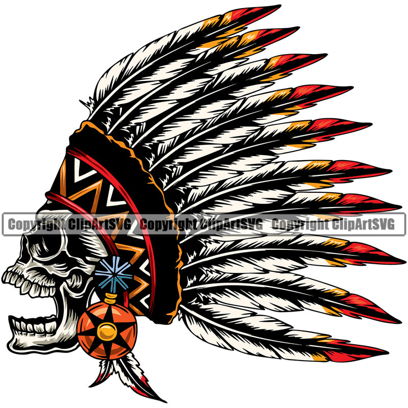 Native American Indian Culture Art Ethnic History Tribal Headdress Skull Skeleton Head Open Mouth Color Feather Design Element White Background Tribe Warrior Chief Design Logo Clipart SVG