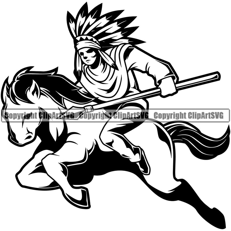 Native American Indian Culture Art Ethnic History Tribal Headdress Body Horse Ride Design Element White Background Tribe Warrior Chief Design Logo Clipart SVG