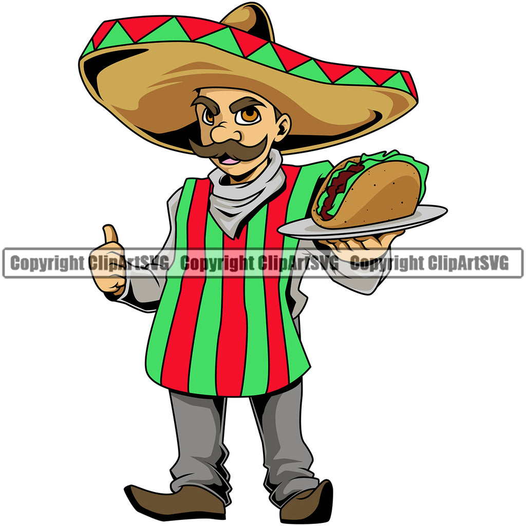 Mexico Mexican Food Dining Cuisine Bar Sombrero Latin Nation Man Taco Spanish Guitar Waiter Flag Art Design Logo Clipart SVG