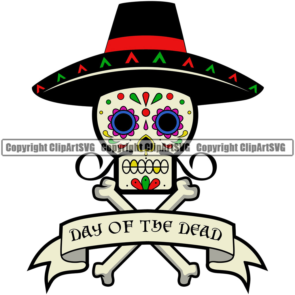 Mexico Mexican Day Of The Dead Skull Crossbones Spanish Culture Sombrero Nation Latin Pride Flag Art Design Logo Clipart SVG