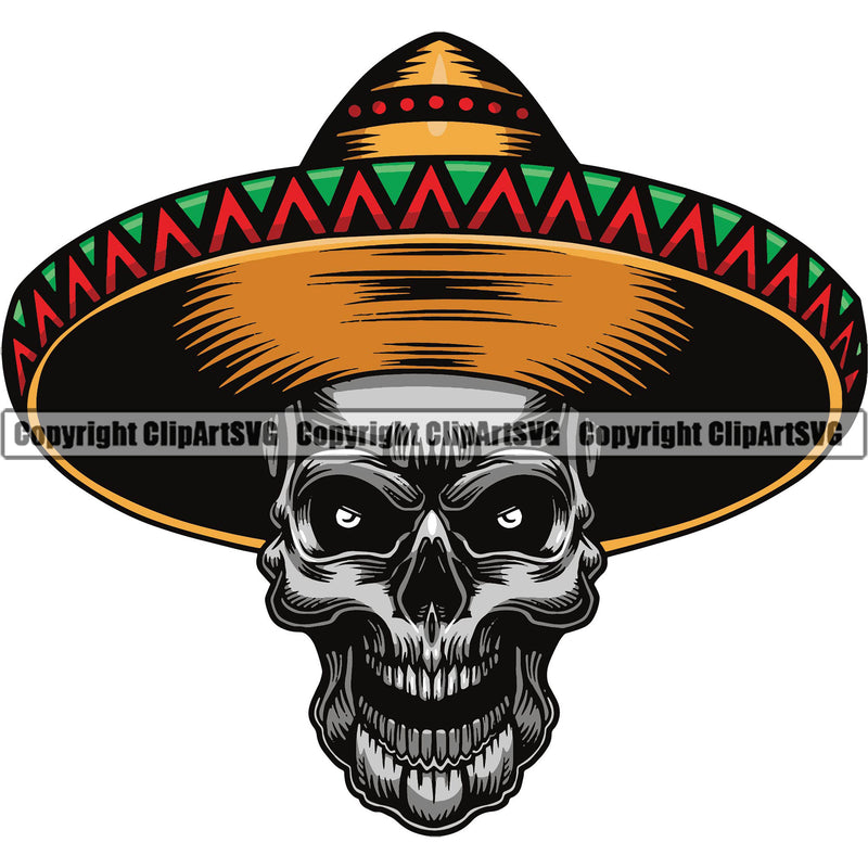 Skull Skeleton Silver Color Head Design Element Wearing Ethnic Mexican Skull Sombrero Hat Death Head Skeleton Dead Face Horror Human Bone Evil Tattoo Grunge Scary Gothic Art Logo Clipart SVG