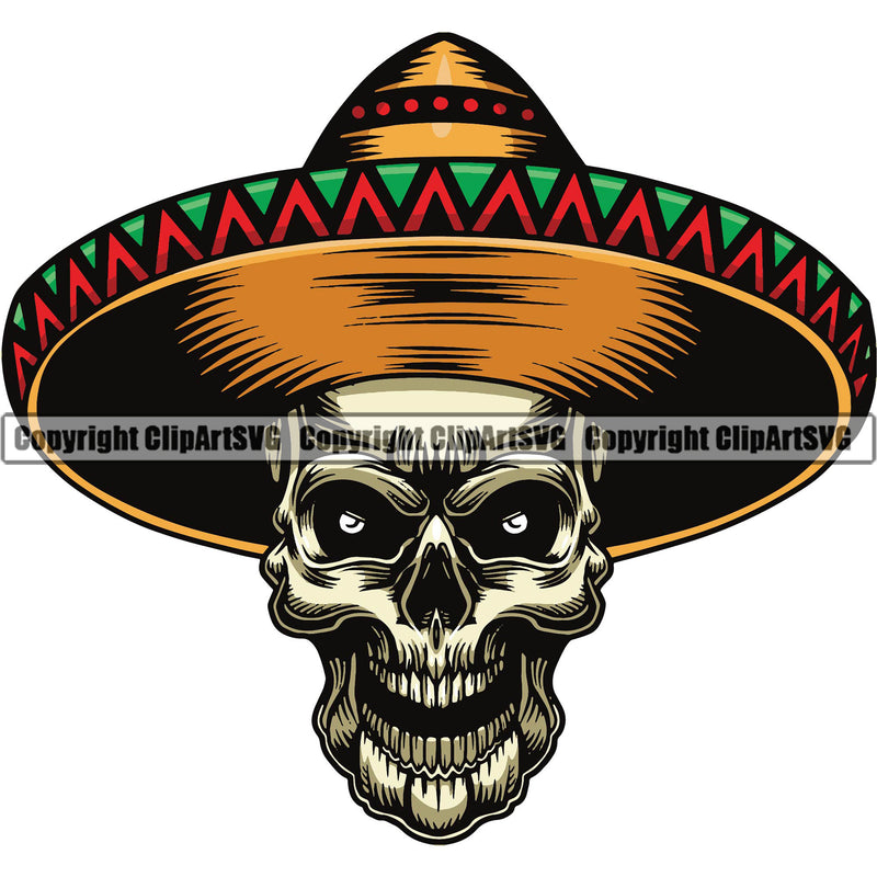 Skull Skeleton Color Head Design Element Wearing Ethnic Mexican Skull Sombrero Hat Death Head Skeleton Dead Face Horror Human Bone Evil Tattoo Grunge Scary Gothic Art Logo Clipart SVG