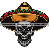 Skull Skeleton Silver Color Head Design Element Wearing Ethnic Mexican Skull White Background Sombrero Hat Death Head Skeleton Dead Face Horror Human Bone Evil Tattoo Grunge Scary Gothic Art Logo Clipart SVG