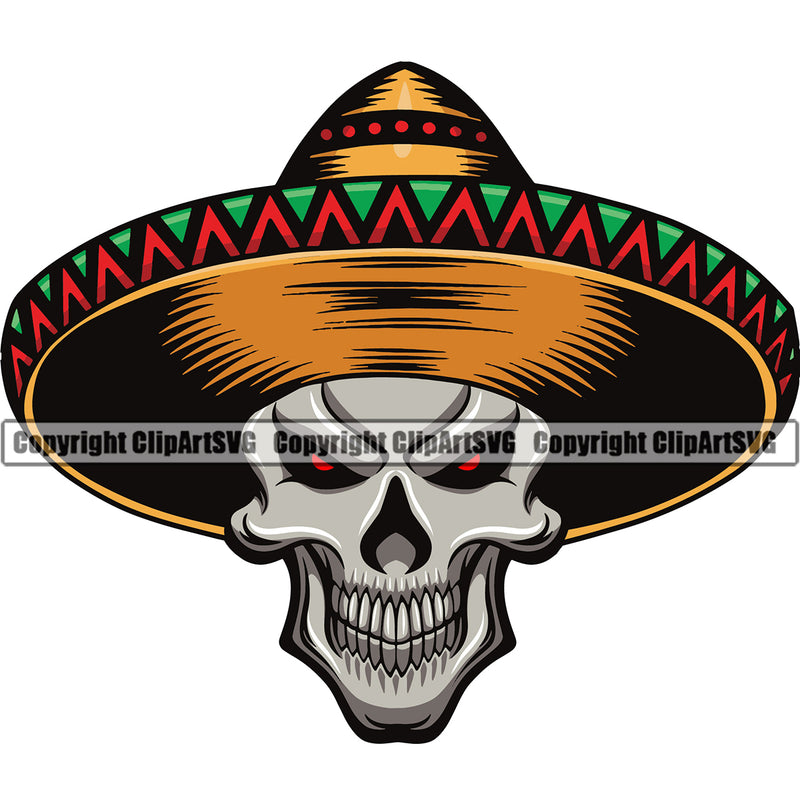 Mexico Mexican Color Skull Sombrero Cowboy Hat Spanish Old Wild West Latin Nation Man Aztec Pattern Art Design Element Logo Clipart SVG