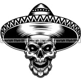 Black And White Skull Skeleton Head Wearing Ethnic Mexican Sombrero Hat Design Element Skull Death White Background Head Skeleton Dead Face Horror Human Bone Evil Tattoo Grunge Scary Gothic Art Logo Clipart SVG