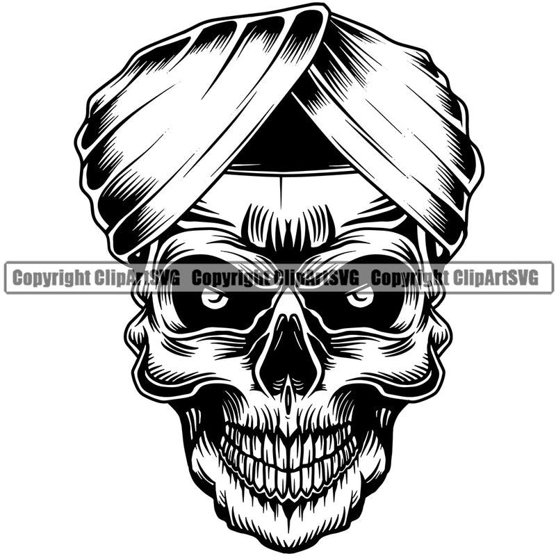 Black And White Skull Skeleton Head Design Element Wearing Ethnic Middle Eastern Indian Skull Turban Hat White Background Death Head Skeleton Dead Face Horror Human Bone Evil Tattoo Grunge Scary Gothic Art Logo Clipart SVG