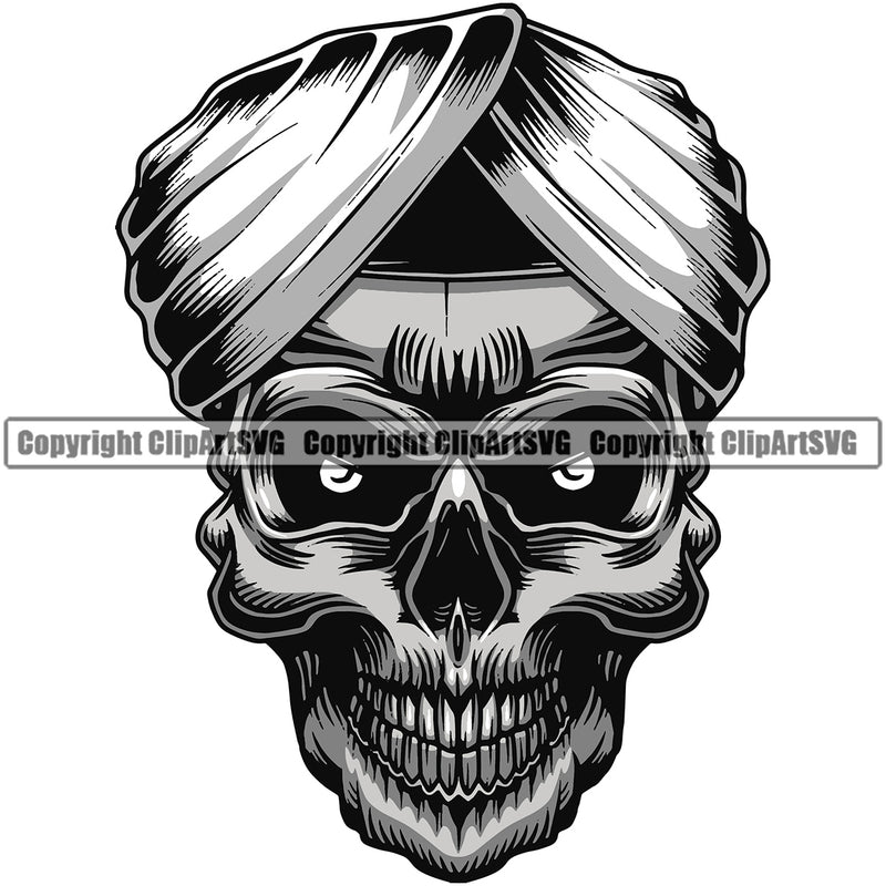 Smile Face Silver Color Skull Skeleton Head Design Element Wearing Ethnic Middle Eastern Indian Skull Turban Hat White Background Death Head Skeleton Dead Face Horror Human Bone Evil Tattoo Grunge Scary Gothic Art Logo Clipart SVG