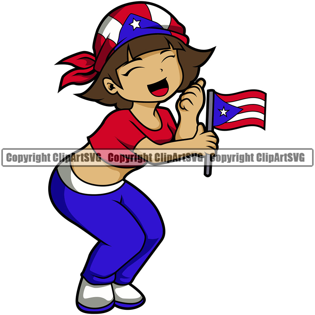 Puerto Rico Rican Cute Little Girl Flag Country World Nation Map Sign Symbol Color Design Element Logo Clipart SVG