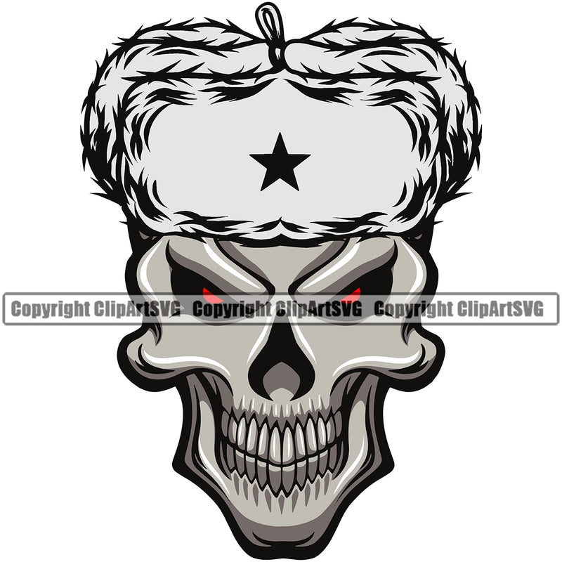 Black And White Skull Skeleton Smile Face Red Eyes Design Element Death Head Skeleton Wearing Ethnic Russian Hat Dead Face Horror Human Bone White Background Evil Tattoo Grunge Scary Gothic Art Logo Clipart SVG